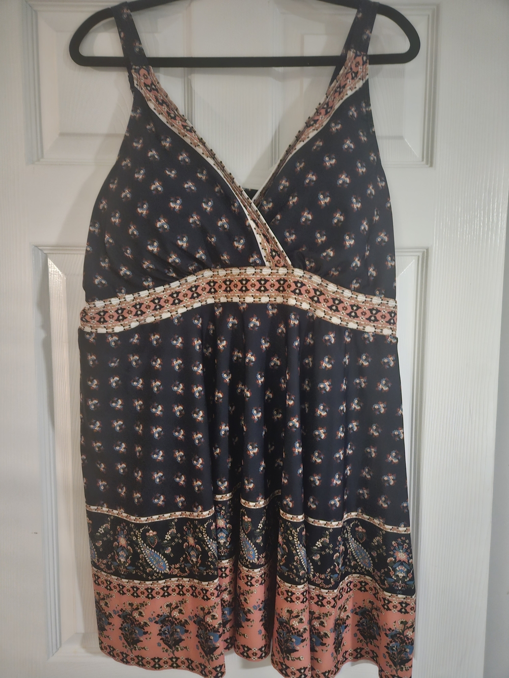 Sleeveless Navy Floral Border Swimdress with Pink Accents